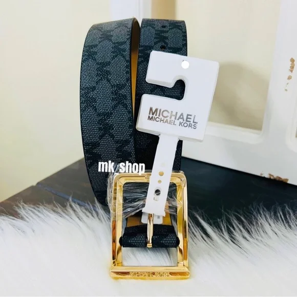 Michael Kors Reversible Logo Belt Black & Grey MK Signature Gold Hardware NWT MICHAEL KORS Belt 36-40 main image 2